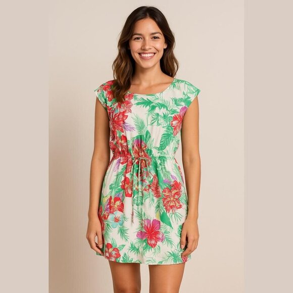 BeBop Red Green Floral Sleeveless Fit Flare Zip Back Knit Midi Dress Size XL - Picture 1 of 12